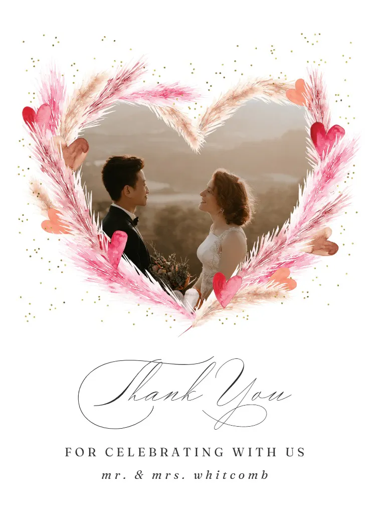 “pink pampas with hearts” - düğün teşekkür kartı